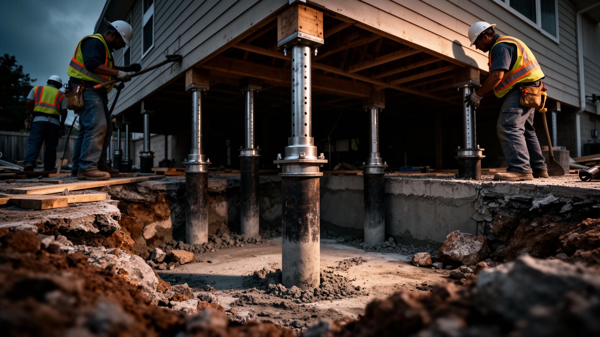 Foundation repair crew installing steel piers under a North Texas home